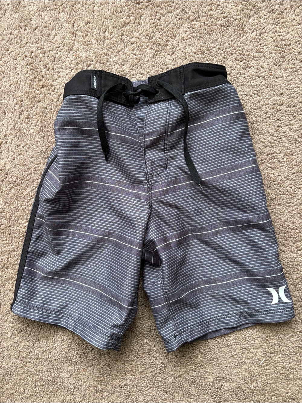 Hurley Black and Gray Striped Kids Swim Trunks